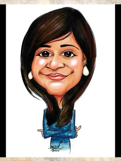 A clean, classic digital caricature of a woman with her arms crossed. This portrait is perfect for a professional profile or as a corporate gift.