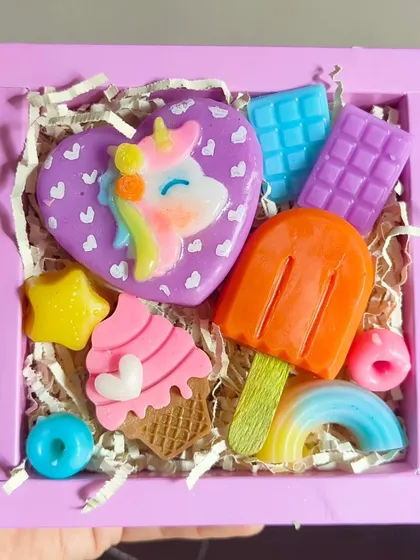 Another variation of the candy-themed soap box, with a chocolate bar soap and other sweet treats.