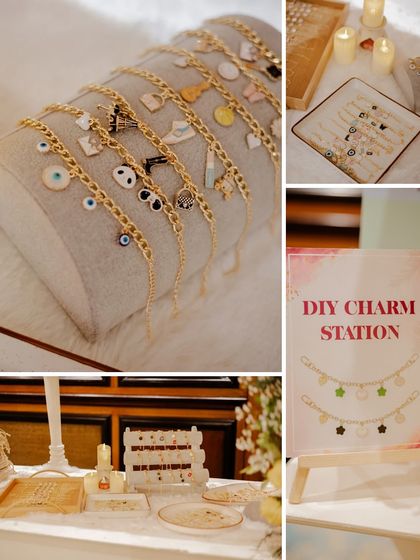 A glimpse of the thoughtful details, like this DIY charm station for guests at the Haldi event.