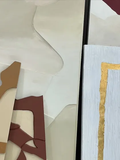 A collection of works for a project in Hyderabad, showing a mix of my minimalist styles, from sculptural boards to paintings with gold leaf.