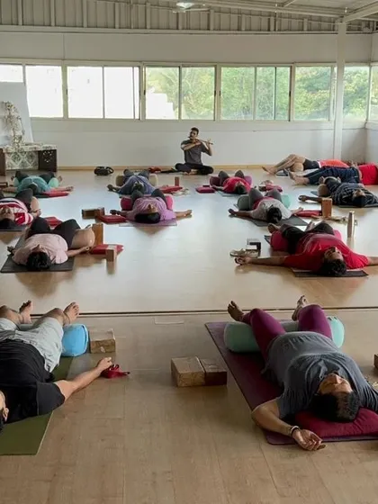 A beautiful moment of Savasana in our studio, with a teacher playing the flute to deepen the relaxation. This is the essence of our community: shared peace and presence.