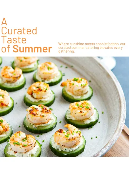 A curated taste of summer. These light and refreshing bites feature grilled shrimp on a cool cucumber base, perfect for sophisticated summer gatherings and outdoor events.