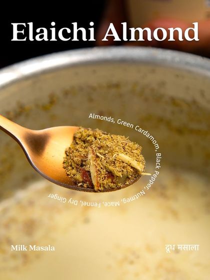 A spoonful of my Elaichi Almond Milk Masala, showing the texture of ground almonds, cardamom, black pepper, and other spices. Just a half teaspoon is enough to transform a cup of milk.