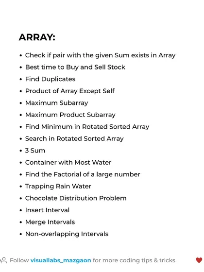 A list of essential DSA interview questions related to Arrays, such as finding duplicates, trapping rain water, and the chocolate distribution problem.