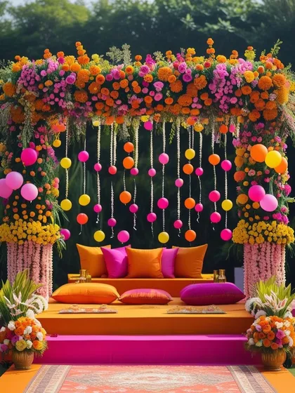 A duplicate of the colorful marigold-themed Mehendi stage, highlighting the traditional yet festive design.