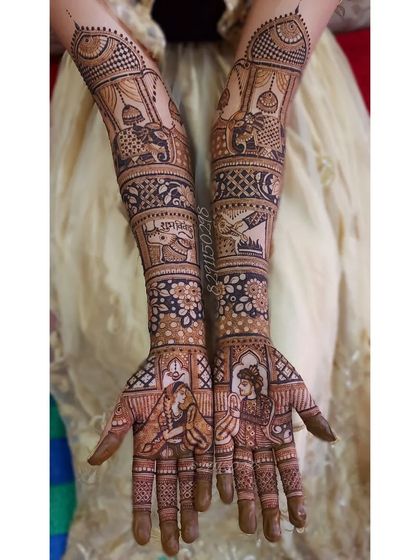 A full view of a narrative bridal mehendi. The design includes bride and groom portraits on the palms, with wedding procession elements like elephants and palanquins covering the arms.