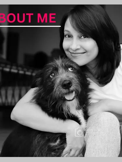 A little bit about me, in a simple graphic with a photo of me and my dog.