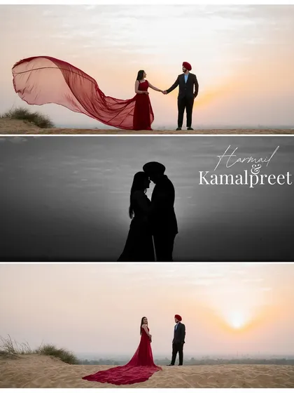A collage of Harmail and Kamalpreet's sunset shoot in the desert. The silhouette shots and the bride's flowing red dress create a series of stunningly romantic images.