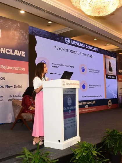 Sharing my knowledge with fellow dermatologists is a passion of mine. Here I am at the IADVL DSB Conclave, discussing the science and psychological advantages of starting anti-aging treatments at the right time. Patient education is just as important as the procedure itself.