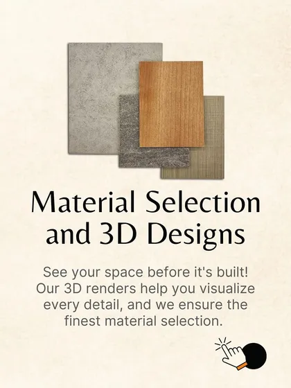 Then, we move to material selection and 3D designs. Our 3D renders help you visualize every detail, and we guide you in selecting the finest materials for your home.
