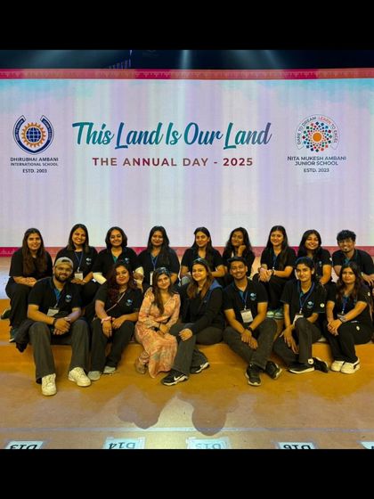 Our full crew on stage after the successful execution of the Dhirubhai Ambani International School Annual Day 2025. We handled the show run, stage management, and actor micing for this grand production.
