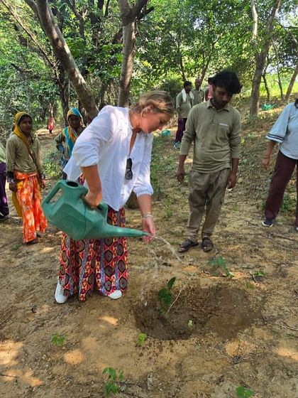 A volunteer waters a newly planted sapling at Ghata Bundh, working alongside our on-ground team to bring the forgotten pond back to life.