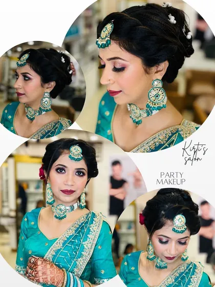 This collage showcases a client in a beautiful teal outfit with matching jewelry. Her hair is styled in an elegant updo, and her makeup features a bold lip that ties the whole look together.