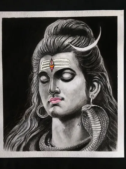 A serene portrait of Lord Shiva (Mahadev) against a dark background, with a touch of color on his lips and tilak. This creates a striking contrast.