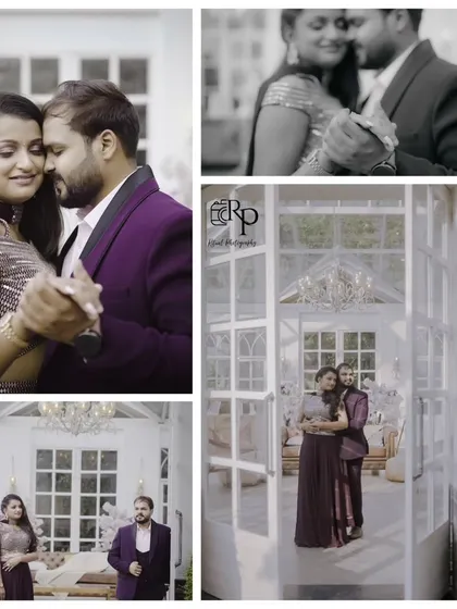 A collage summarizing a beautiful, elegant pre-wedding shoot. It showcases both the intimate close-ups and the grand, architectural shots from their session in a bright, airy venue.