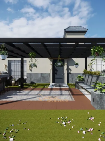 A view of the modern terrace design, featuring a pergola, built-in seating, and lush planters. It's an outdoor room crafted for comfort and style.