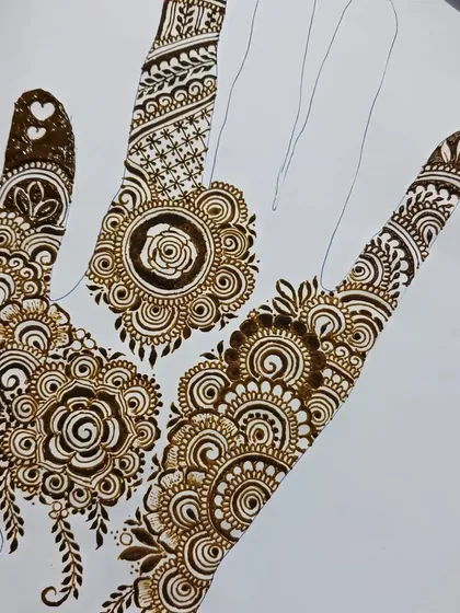 A practice sheet showing different party-style henna ideas for fingers and the palm. These designs feature roses and swirls, perfect for guests who want unique and stylish mehendi.