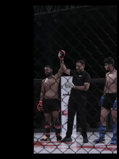 A referee raises the winner's hand. This moment of victory is overseen by the watchful eye of an experienced official.