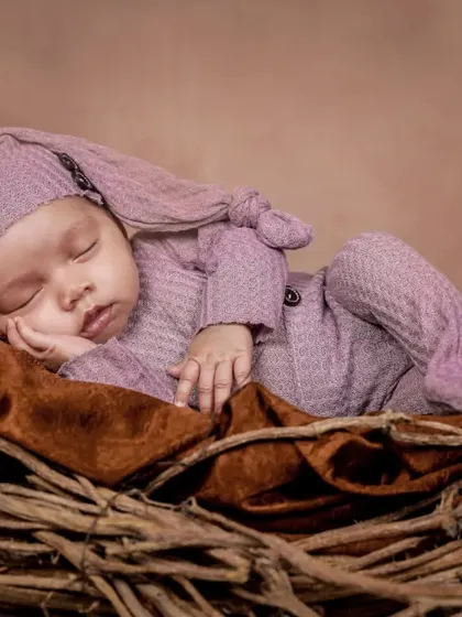A cozy shot of a baby in a lavender outfit sleeping soundly in a bird's nest prop, perfect for a nature-inspired theme.