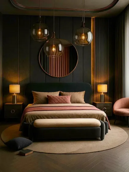 To create a sophisticated and moody ambiance, we used a dark color palette with rich textures. The combination of vertical wood paneling, a statement circular mirror, and warm pendant lighting gives this bedroom a cozy, den-like feel.