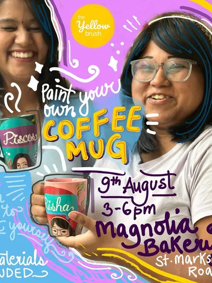 Come paint, sip, and socialize with me at one of my fun workshops in Bangalore. This poster was for a coffee mug painting session at Magnolia Bakery where we learned to paint our own portraits on mugs. All materials and food are included, so you just need to show up and be ready to create.