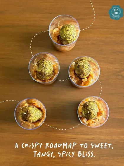 Here you can see the artistic arrangement of my Dal Wada Bites. I designed these to be a crispy roadmap to bliss, with each component perfectly balanced for a sweet, tangy, and spicy flavor profile.