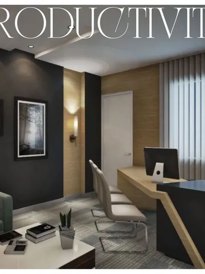 A private cabin designed for productivity, featuring dark walls and wood-paneled accents. The space includes a small, informal meeting area, demonstrating our approach to creating multi-functional executive offices.