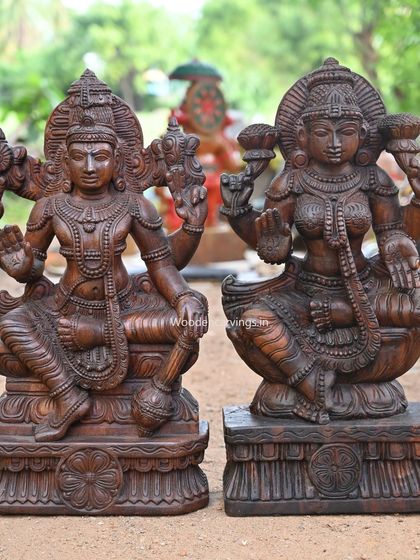 A pair of 2-foot Maha Vishnu and Maha Lakshmi sculptures, crafted to be a divine pair for your home altar.