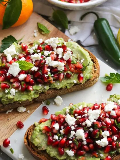 A healthy and beautiful avocado toast, topped with pomegranate and feta. We believe even simple dishes can be elevated with high quality ingredients and thoughtful presentation.