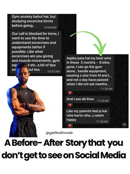 A client's message showing her progress: 6 kilos gone in 3 months, the ability to go to the gym alone, and seeing ab lines. This is the result of overcoming gym anxiety and building confidence.