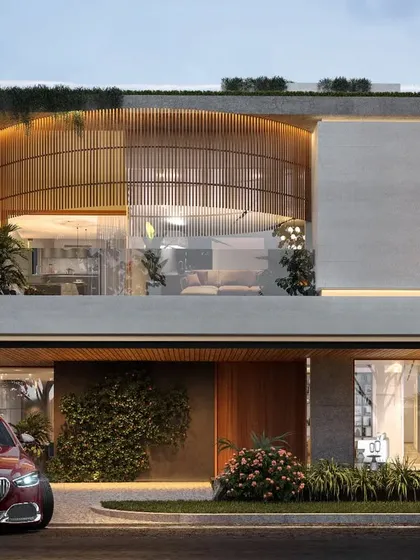 This render showcases a home where architecture becomes a work of art, with a curved wooden screen and integrated greenery creating a unique and organic facade.