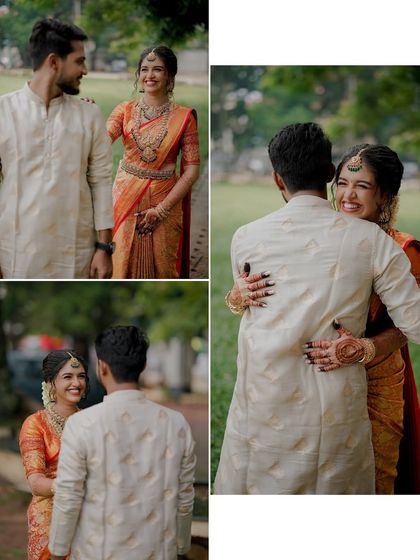 A collage capturing the story of the couple's first look, filled with anticipation, smiles, and a warm embrace.