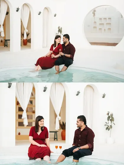 A diptych showing the couple sharing a laugh and a toast by the pool, capturing the fun and relaxed side of their relationship.