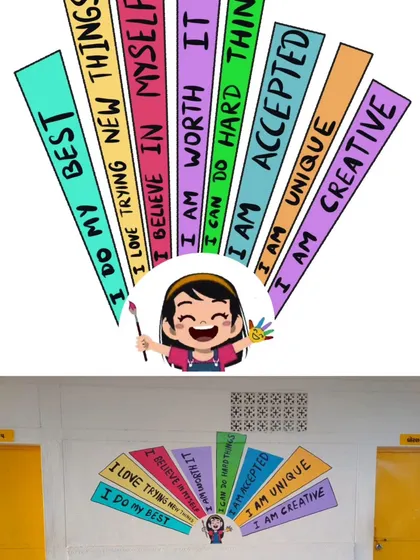 A side-by-side comparison of the digital design and the final painted mural for a school in Gujarat. This shows how a concept comes to life, a process I teach in my mural course.