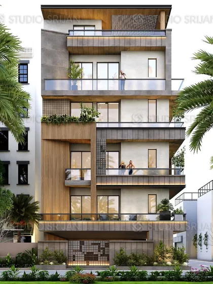 The front view of the Pitampura project, highlighting the balance between open balconies and solid walls. Greenery is integrated into the facade to soften the modern lines.