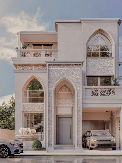 We take pride in our ability to craft homes with deep cultural and personal meaning. This residence in Prestige City is a tribute to traditional Islamic architecture, featuring intricate mashrabiya patterns and grand arches on a 33x49 plot.