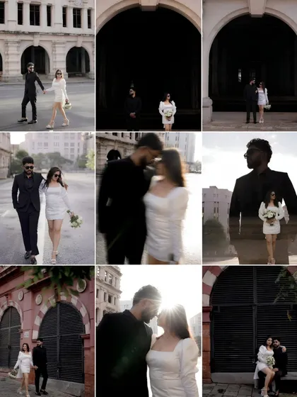 Another nine-image collage that tells a complete story. It moves from wide shots establishing the scene to intimate close-ups and creative double exposures, showcasing a full range of artistic techniques used during a city shoot.
