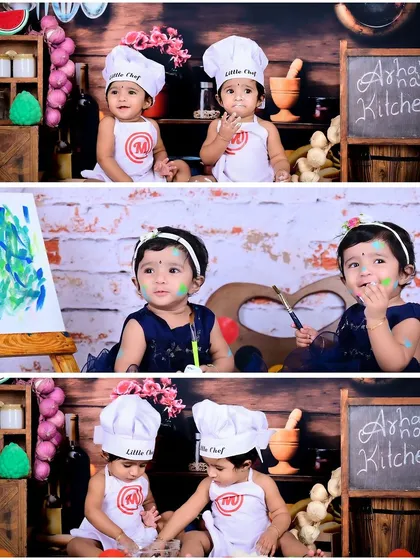 A collage of twin girls in a little chef theme and a painter theme, showing how themes can be adapted for multiples.
