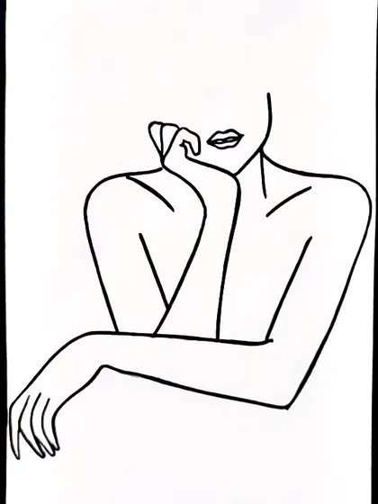 A minimalist line portrait of a woman in a thoughtful pose. The simplicity of the single line technique draws focus to the gesture and emotion of the subject.