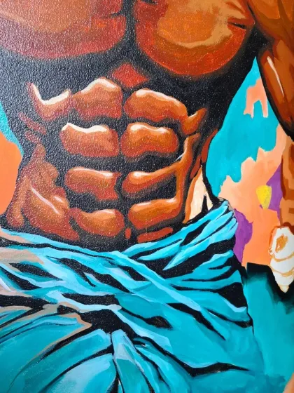 A detailed shot of the torso of the male figure in the gym mural. The shading and muscle definition are key to creating a realistic and powerful image.