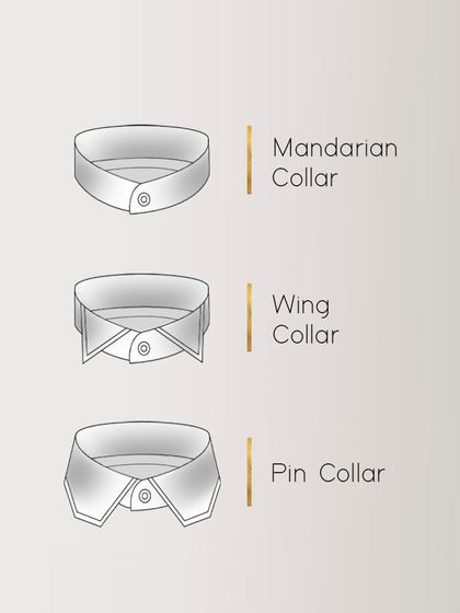 A look at specialized collar styles for different occasions. Here we feature the Mandarin Collar for a minimalist look, the formal Wing Collar for black-tie events, and the elegant Pin Collar for a touch of vintage flair.