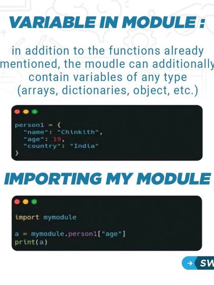 In Python, modules can contain variables like arrays and dictionaries, not just functions. This example shows how to define a variable in a module and import it.