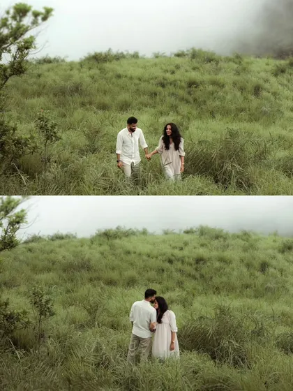 Walking hand-in-hand through misty green hills. This sequence from Treesa and Justin's outdoor couple shoot captures the serene and boundless feeling of starting a new journey together in nature's embrace.
