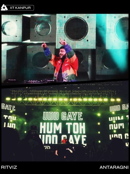 Ritviz at the DJ console during his set at Antaragni, with his signature 'Udd Gaye' visuals on the screen.