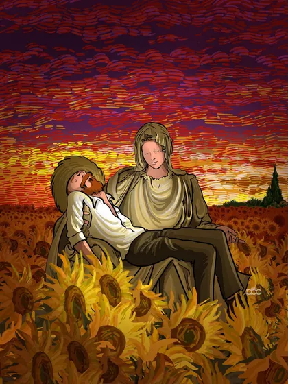 A somber yet beautiful tribute, inspired by Michelangelo's "Pietà." On the anniversary of his death, I show Vincent being held in a field of sunflowers under a fiery sunset, a final, peaceful rest among the symbols he gave to the world.