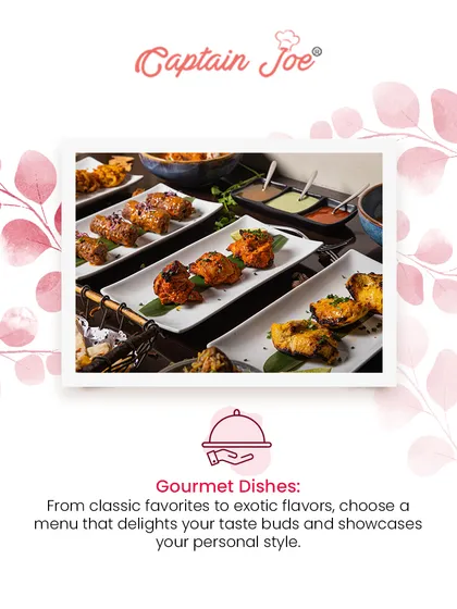 Our gourmet dishes range from classic favorites to exotic flavors. This photo shows a selection of beautifully plated appetizers on white rectangular dishes, ready to be served to guests.