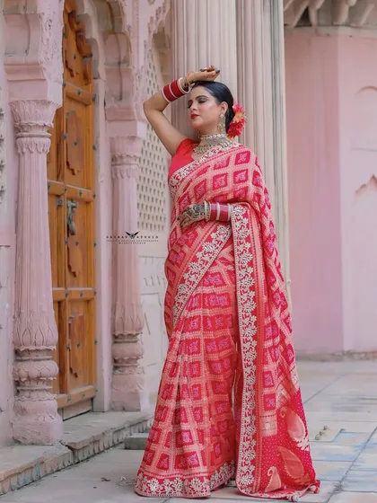 A full-length shot capturing the model in a classic pose against an antique door.