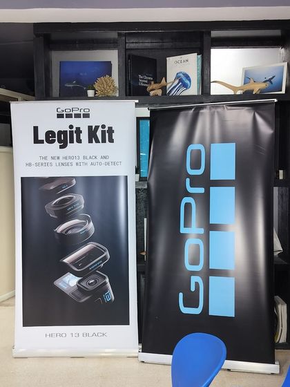 The setup for our GoPro event, featuring banners for the Hero 13 Black. We love bringing these kinds of learning opportunities to our diving community.
