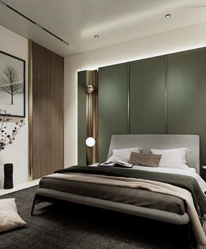 This view shows the balance of materials, with the soft texture of the feature wall contrasting with the sleek white wardrobes and warm wood accents.