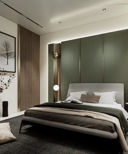 This view shows the balance of materials, with the soft texture of the feature wall contrasting with the sleek white wardrobes and warm wood accents.